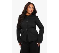 boohoo Women's Plus Crew Neck Gold Button Peplum Blazer in Black | Size: 18