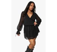 boohoo Women's Plus Crinkle Chiffon Wrap Ruffle Skater Dress in Black | Size: 24