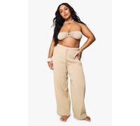 boohoo Women's Plus Crinkle Cotton Beach Trousers in Beige | Size: 18