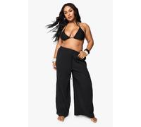 boohoo Women's Plus Crinkle Cotton Beach Trousers in Black | Size: 16