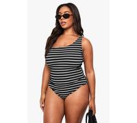 boohoo Women's Plus Crinkle Stripe One Shoulder Swimsuit in Black | Size: 28