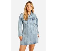boohoo Women's Plus Denim Zip Up Shift Dress in Acid Wash Light Blue | Size: 28