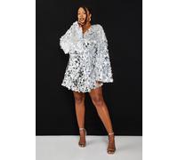 boohoo Women's Plus Disc Sequin Wrap Flare Sleeve Dress in Silver | Size: 28