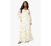 boohoo Women's Plus Ditsy Floral Crinkle Chiffon Milkmaid Maxi Dress in Ivory | Size: 22