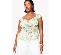 boohoo Women's Plus Ditsy Ruffle Detail Peplum Top in Lemon | Size: 22