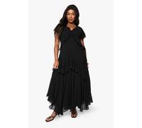 boohoo Women's Plus Dobby Chiffon Frill Detail Maxi Dress in Black | Size: 18