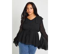 boohoo Women's Plus Dobby Ruffle Flared Sleeve Blouse in Black | Size: 22