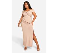 boohoo Women's Plus Double Slinky Twist Front Off-Shoulder Top in Mocha | Size: 24