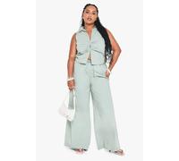 boohoo Women's Plus Drawstring Waist Poplin Wide Leg Trouser in Sage | Size: 20