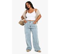 boohoo Women's Plus Elasticated Back Tie Drawstring Straight Leg Jean in Acid Wash Light Blue | Size: 26