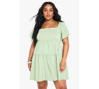 boohoo Women's Plus Extreme Puff Sleeve Tiered Smock Dress in Sage | Size: 28