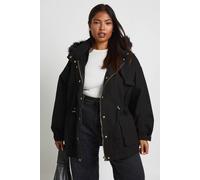 boohoo Women's Plus Faux Fur Lined Hooded Parka Coat in Black | Size: 18