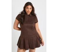 boohoo Women's Plus Faux Suede Short Sleeve Pleated Mini Dress in Chocolate | Size: 18