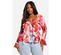 boohoo Women's Plus Floral Ruffle Front Blouse in Pink | Size: 16
