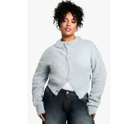 boohoo Women's Plus Fluffy Knit Crew Neck Cardigan in Ash Grey | Size: 18