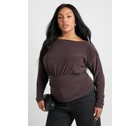 boohoo Women's Plus Gathered Panel Long Angel Sleeve Blouson Top in Brown | Size: 22