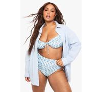boohoo Women's Plus Gingham Floral High Waist Tie Side Bikini Bottom in Baby Blue | Size: 26