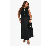 boohoo Women's Plus Gold Trim Rib Poplin Mix Midaxi Cap Sleeve Dress in Black | Size: 18