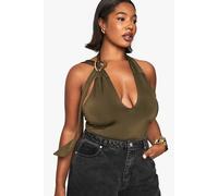 boohoo Women's Plus Halter Keyhole Ruched Side Top in Olive | Size: 20
