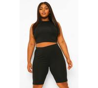 boohoo Women's Plus High Neck Racer Crop & Cycling Short Set in Black | Size: 28