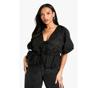 boohoo Women's Plus Jacquard Tie Front Puff Ball Smock Top in Black | Size: 26
