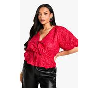 boohoo Women's Plus Jacquard Tie Front Puff Ball Smock Top in Dark Red | Size: 28