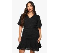 boohoo Women's Plus Jaquard Floral Rouched Frill Hem Mini Dress in Black | Size: 22
