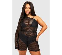 boohoo Women's Plus Jersey Knitted One Shoulder Beach Playsuit in Black | Size: 28