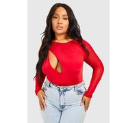 boohoo Women's Plus Keyhole Mesh Sleeve Bodysuit in Red | Size: 26