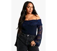boohoo Women's Plus Lace Ruched Overlay Stretch Bodysuit in Navy | Size: 26