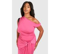 boohoo Women's Plus Lace Trim Off-The Shoulder Asymmetric Top in Magenta Pink | Size: 26