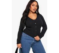 boohoo Women's Plus Lace Trim Ruched Long Sleeve Top in Black | Size: 18