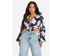 boohoo Women's Plus Large Floral Puff Sleeve Longline Corset Top in Black | Size: 26