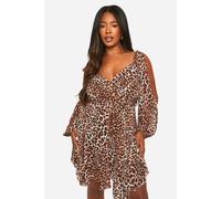 boohoo Women's Plus Leopard Godet Hem Lace Up Skater Dress | Size: 28