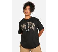 boohoo Women's Plus Leopard New York Oversized T-Shirt in Black | Size: 24