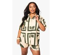 boohoo Women's Plus Linen Shell Print Shirt in Ecru | Size: 28