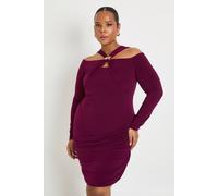 boohoo Women's Plus Long Sleeve Halter Gold Trim Mini Dress in Plum | Size: 28