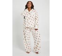boohoo Women's Plus Matching Family Bear Print Baby Fleece Long Sleeve Shirt & Trousers Pyjama Set in Beige | Size: 16