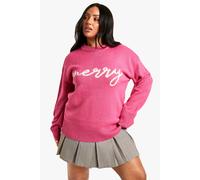boohoo Women's Plus Merry Slogan Christmas Oversized Jumper in Pink | Size: 20