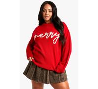 boohoo Women's Plus Merry Slogan Christmas Oversized Jumper in Red | Size: 24