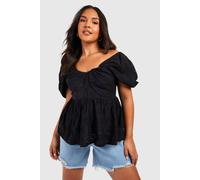 boohoo Women's Plus Milkmaid Broderie Smock Top in Black | Size: 24