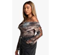 boohoo Women's Plus Mixed Leopard Bardot Lace Up Top in Chocolate | Size: 28