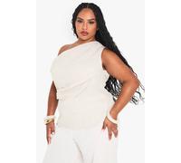 boohoo Women's Plus One Shoulder Linen Stripe Top in Stone | Size: 22