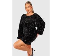 boohoo Women's Plus Oversized Blouson Sleeve Sequin Mini Dress in Black | Size: 28