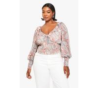 boohoo Women's Plus Paisley Shirred Waist Plunge Blouse in Ecru | Size: 22