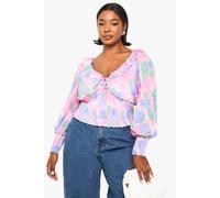 boohoo Women's Plus Paisley Shirred Waist Plunge Blouse in Pink | Size: 24