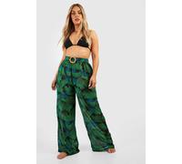 boohoo Women's Plus Palm Raffia Buckle Beach Trousers in Black | Size: 28