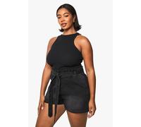 boohoo Women's Plus Paperbag Waist Denim Short in Washed Black | Size: 28