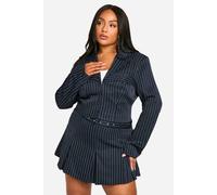 boohoo Women's Plus Pinstripe Corset Detail Cropped Blazer in Navy | Size: 24
