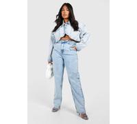 boohoo Women's Plus Pleated At Waist Roll Hem Mom Jeans in Acid Wash Light Blue | Size: 28